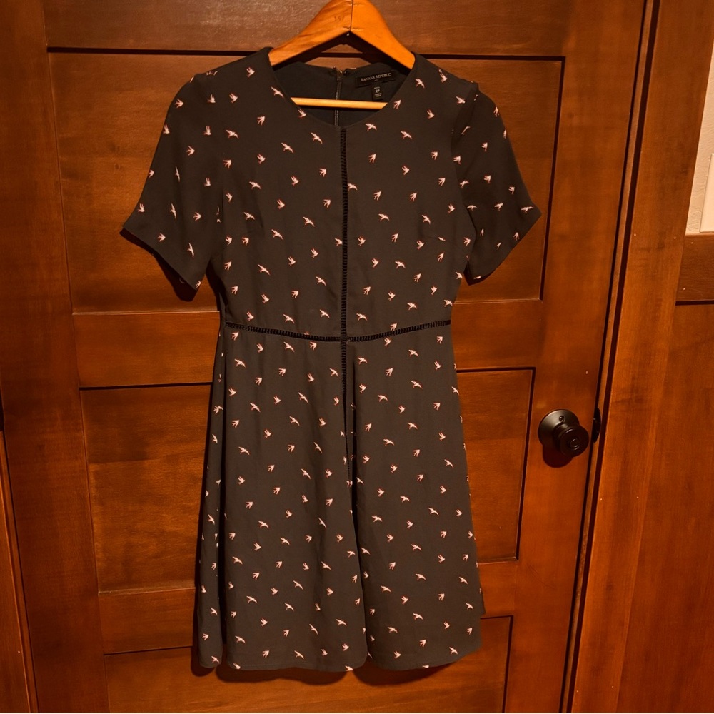 Banana Republic Black Mini Dress with Pink Bird Accents